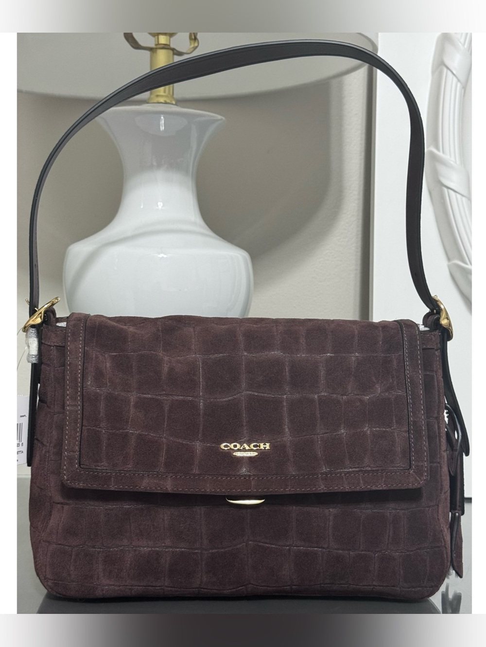 COACH Etta Flap Suede Shoulder Bag, GOLD/MAPLE